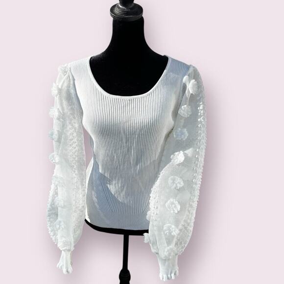 White sweater with sheer tufted sleeves.  Women's size 7-9 - Picture 3 of 9